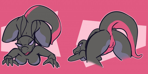 anthro ass_up big_breasts breasts butt female genitals grey_body looking_at_viewer lying multiple_angles on_front open_mouth pink_background pink_body presenting presenting_hindquarters purple_body purple_eyes raised_tail simple_background smile solo tail thick_thighs tongue vulva dima_(artist) nintendo pokemon generation_7_pokemon pokemon_(species) salazzle 2022 digital_media_(artwork)