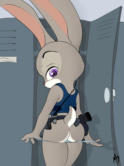 anthro armor belt biped body_armor butt clothed clothing clothing_pull electronics eyebrows female gun handgun holster locker locker_room looking_at_viewer looking_back panties panties_down panty_pull partially_clothed pistol purple_eyes radio ranged_weapon rear_view scut_tail short_tail solo standing tail underwear underwear_down underwear_pull undressing utility_belt weapon mdgusty disney zootopia judy_hopps lagomorph leporid mammal rabbit 2016 absurd_res digital_media_(artwork) hi_res