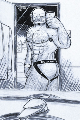 armpit_hair bathroom bedroom body_hair butt cellphone chest_hair clothing ear_piercing electronics facial_hair jockstrap male manly markers mirror muscular muscular_humanoid muscular_male nipples not_furry phone piercing ring selfie solo tusks underwear alexyorim humanoid orc 2016 hi_res monochrome traditional_media_(artwork)