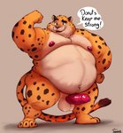 anthro balls benjamin_clawhauser big_moobs cheetah disney english_text erection felid feline flexing genitals hi_res male mammal moobs nude nude_male overweight overweight_male penis solo speech_bubble text uniparasite vein veiny_penis zootopia