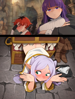 5_fingers ambiguous_gender ambiguous_pred arm_wraps axe bangs battle_axe big_breasts black_bottomwear black_clothing black_eyebrows black_gloves black_hair black_handwear black_pants black_robe blush bodily_fluids boots bottomless bottomless_female bottomless_humanoid bottomwear bow_panties bow_underwear breasts brown_boots brown_clothing brown_footwear caught_in_the_act clothed clothed_female clothed_human clothed_humanoid clothed_male clothing covering covering_eyes covering_face crossed_arms discarded_clothing dungeon ear_piercing ear_ring embarrassed eyebrow_through_hair eyebrows eyelashes fantasy feet_first female female/ambiguous female_human female_humanoid female_prey fingerless_gloves fingers folded_clothing footwear frilly frilly_clothing frilly_panties frilly_underwear gesture gloves green_eyes group hair handwear humanoid_hands humanoid_pointy_ears humanoid_prey inside interspecies lips long_hair looking_aside looking_down looking_down_at_another male male_human mouth_closed multicolored_clothing multicolored_hair multicolored_robe obscured_oral obscured_sex oral_vore palms panties pants partially_inside piercing pointy_ears pupils purple_eyebrows purple_eyes purple_hair purple_pupils red_clothing red_eyes red_hair red_shirt red_topwear ring_piercing robe rock saliva sex sharp_teeth shirt shoes short_hair shrug sweat sweaty_face teeth topwear translucent translucent_hair twintails_(hairstyle) two_tone_hair two_tone_robe underwear unimpressed vore white_clothing white_panties white_robe white_shirt white_topwear white_underwear willing_prey wraps yellow_clothing yellow_robe khyleri frieren_beyond_journey's_end fern_(frieren) frieren stark_(frieren) elf human humanoid mammal mimic mimic_chest 2025 3:4 absurd_res hi_res