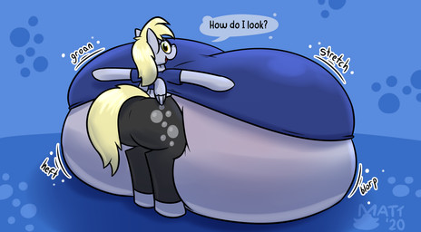 anthro big_breasts big_butt blonde_hair bottomwear breasts butt clothing female grey_body hair huge_breasts huge_butt hyper hyper_breasts looking_at_viewer looking_back onomatopoeia pants question_mark shirt solo sound_effects speech_bubble text topwear wings yellow_eyes mattthetooncat friendship_is_magic hasbro my_little_pony mythology derpy_hooves_(mlp) equid equine horse mammal mythological_creature mythological_equine pegasus pony absurd_res english_text hi_res