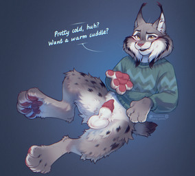 4_fingers 4_toes animal_genitalia animal_penis anthro balls biped blush bottomless bottomless_anthro bottomless_male clothed clothed_anthro clothed_male clothing countershade_torso countershading dialogue feet feline_genitalia feline_penis fingers front_view fur genitals grey_body grey_fur looking_at_viewer male markings partially_clothed partially_clothed_anthro partially_clothed_male pawpads paws penile_spines penis sheath short_tail smile solo spots spotted_body spotted_fur sweater sweater_only tail talking_to_viewer text toes topwear topwear_only whiskers marsccts disney zootopia pawbert_lynxley canada_lynx felid feline lynx mammal 2026 digital_drawing_(artwork) digital_media_(artwork) english_text hi_res