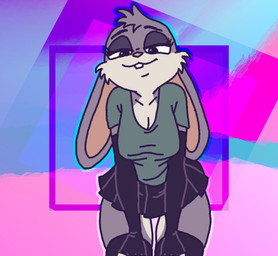 anthro bedroom_eyes biped bottomwear breast_squish breasts cleavage clothed clothing clothing_stretch female flirting form_fitting front_view gradient_background leaning leaning_forward looking_at_viewer low-angle_view medium_breasts miniskirt narrowed_eyes seductive shirt simple_background skirt smug solo squish suggestive teasing thigh_gap tight_clothing tight_shirt tight_topwear topwear ircluzar violet_bunny lagomorph leporid mammal rabbit colored hi_res portrait three-quarter_portrait