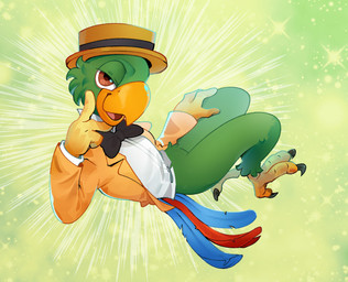 anthro beak bottomless bow_tie clothed clothing feathers feet hat headgear headwear looking_at_viewer lying male solo suit tail tail_feathers talons toes xen-on-x disney the_three_caballeros jose_carioca avian bird parrot hi_res
