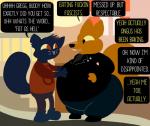 anthro belly clothing duo fur hand_on_belly male obese obese_male open_mouth oral_vore overweight overweight_male smile text vore nemo night_in_the_woods gregg_lee mae_borowski domestic_cat felid feline felis mammal english_text