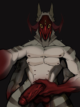 3_eyes 4_arms anthro balls erection front_view fur genitals holding_penis horn humanoid_genitalia humanoid_penis looking_at_viewer male multi_arm multi_eye multi_limb multi_nipple nipples nubbed_penis nude penis simple_background solo stripes astaroth_(patrick_okottsu) demon humanoid monster unknown_species 3:4 digital_media_(artwork) hi_res