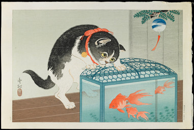 ambiguous_feral ambiguous_gender aquarium bell bell_collar blinds cjk_character claws collar detailed_background digitigrade feral fin finger_claws fish_tank fully_submerged fur group inside on_hind_legs paws predator/prey quadruped solo_focus standing tail tail_fin text toe_claws vivarium water whiskers wind_chime yellow_sclera ohara_koson public_domain aquatic cyprinid cypriniform domestic_cat felid feline felis fish goldfish mammal 20th_century absurd_res ancient_art hi_res japanese_text traditional_media_(artwork)