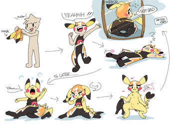 black_ear_tips black_markings black_tail_tip blush bodily_fluids bottomwear butt clothing cosplay_pikachu_(costume) costume crotch_tuft dialogue dipstick_ears dipstick_tail directional_arrow ear_markings ellipsis eyes_closed female female_feral feral flying_sweatdrops front_view fur fur_growth furgonomic_bottomwear furgonomic_hat furgonomic_headwear furgonomics gender_transformation growth heart_symbol human_to_feral looking_at_mirror looking_at_object looking_back_at_self looking_down looking_down_at_self lying male male_human markings mask_transformation mirror motion_lines mtf_transformation multicolored_ears nude on_back on_ground on_hind_legs open_mouth open_smile pants paws question_mark red_markings semi-anthro shirt shrinking simple_background sitting sitting_on_ground size_transformation sleeping smile solo sound_effects species_transformation speech_bubble spread_legs spreading standing stretching sweat sweatdrop tail tail_markings three-quarter_view topwear transformation transformative_clothing tuft vowelless vowelless_sound_effect waking_up white_background wide_crotch yawn yellow_body yellow_fur zzz netchy_boo nintendo pokemon pikachu_libre generation_1_pokemon human mammal pikachu pokemon_(species) 2022 4:3 colored