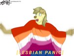 anthro blonde_hair blue_eyes blurred_character bottomwear clothed clothing denim denim_bottomwear denim_clothing female floppy_ears fur hair humor jeans lesbian_pride_colors lgbt_pride long_hair markings motion_blur open_mouth orange_lesbian_pride_colors panicking pants poncho pride_color_clothing pride_color_poncho pride_color_topwear pride_colors simple_background solo tan_body tan_ear tan_fur tan_markings tan_paws teeth text topwear yellow_body yellow_fur zer0rebel4 lgbt_pride_month payge_(zer0rebel4) bird_dog canid canine canis domestic_dog golden_retriever great_dane hunting_dog mammal mastiff mixed_breed molosser retriever 4:3 digital_media_(artwork) english_text hi_res meme reaction_image shaded signature