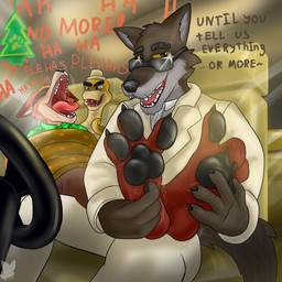 3_toes 4_fingers anthro black_eyebrows black_nose black_pawpads blindfold bodily_fluids bottomwear brown_body brown_bottomwear brown_clothing brown_fur brown_pants car_interior cheek_tuft claws clothed clothed_anthro clothed_male clothing coiled_up coiling crying_laughing dialogue eyebrows eyewear facial_tuft feet finger_claws fingers foot_focus fur fur_tuft green_clothing green_shirt green_topwear grey_body grey_fur group hat headgear headwear laugh male multicolored_body multicolored_fur open_mouth open_smile orange_body orange_fur orange_sclera pants pawpads paws restrained scales shirt sitting smile steering_wheel sunglasses tail talking_to_another tears teeth tickle_fetish tickle_torture tickling tickling_feet toe_claws toes tongue topwear trio tuft white_clothing white_sclera yellow_body yellow_scales misterfuchs disney dreamworks the_bad_guys zootopia mr._snake_(the_bad_guys) mr._wolf_(the_bad_guys) nick_wilde canid canine canis fox mammal reptile scalie snake wolf 1:1 hi_res