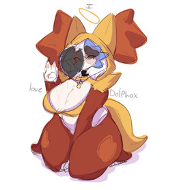 anthro big_breasts blue_hair breasts clothing eyewear female fur glasses hair halo kneeling looking_at_viewer onesie red_body red_fur round_glasses simple_background solo text thick_thighs white_background white_body white_fur salchikokokoko nintendo pokemon delphox generation_6_pokemon generation_7_pokemon lycanroc pokemon_(species) english_text hi_res sketch