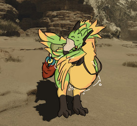 ambiguous_gender belly big_belly digestion feather_preening feathers feral oral_vore personal_grooming photo_background rumbling_stomach solo vore benadryl_buckshot capcom monster_hunter mango_(benadryl_buckshot) bird_wyvern seikret draw_over mixed_media photography_(artwork)