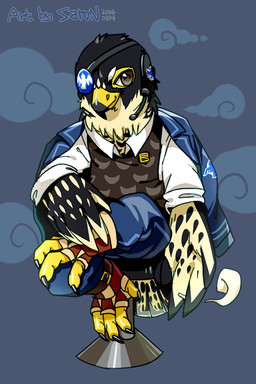 anthro beak black_beak black_body black_wings blue_bottomwear blue_clothing blue_pants bottomwear brown_clothing brown_eyes brown_topwear cigarette closed_smile clothed clothing electronics eye_patch eyewear front_view glistening glistening_eyes head_tuft headgear headphones headset male mouth_closed pants simple_background sitting smile smoke solo topwear tuft white_clothing white_topwear winged_arms wings yellow_beak yellow_wings asnnonaka avian 2016 2:3 dated full-length_portrait portrait