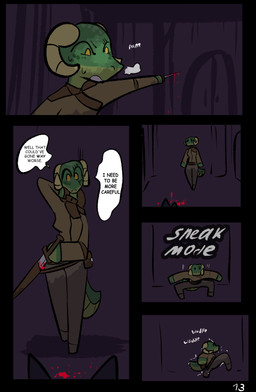 blood blood_on_object blood_on_sword blood_on_weapon bodily_fluids female green_body holding_melee_weapon holding_object holding_sword holding_weapon melee_weapon solo speech_bubble sword text weapon yellow_eyes brradett microsoft the_elder_scrolls lernie_(brradett) argonian scalie absurd_res comic english_text hi_res