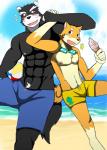 anthro beach biceps blush bulge clothed clothing detailed_background duo male male/male muscular muscular_male outside sand seaside skimpy sky topless water bearlovestiger13 tooboe_bookmark natsume_(tooboe_bookmark) nitobe canid canine canis domestic_dog mammal 2017 hi_res