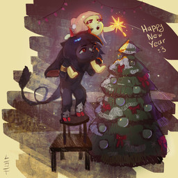 anthro bracelet carrying_another chair christmas_decorations christmas_lights christmas_tree duo female furniture gold_(metal) gold_jewelry green_body hair holidays hooves jewelry male pink_hair plant red_eyes shoulder_carry star table tree lsfkuro christmas new_year mary_(lsfkuro) toro_(nerobeasts) bovid caprine demon goat goblin humanoid mammal 1:1 hi_res