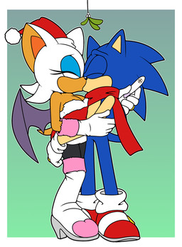 anthro digit_ring duo female holidays jewelry kissing male male/female married_couple married_man married_woman mistletoe plant pregnancy_test pregnant pregnant_female ring romantic wedding_ring sonicguru christmas sega sonic_the_hedgehog_(series) rouge_the_bat sonic_the_hedgehog bat eulipotyphlan hedgehog mammal hi_res