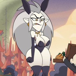 5_fingers alternate_costume angry anthro armwear bare_shoulders big_breasts big_eyes big_hair biped black_armwear black_body black_clothing black_elbow_gloves black_eyebrows black_fur black_gloves black_handwear black_legwear black_leotard black_thigh_highs bone bow_(feature) breasts bunny_costume carrot claw_fingers claws closed_frown clothed clothed_female clothed_humanoid clothing costume curved_eyebrows dark_body dark_fur duo ear_piercing ear_tag elbow_gloves extended_arm eyebrows eyelashes fake_ears fake_rabbit_ears fake_rabbit_tail fake_tail fangs female female_focus female_humanoid fingers fist food frown fur glistening glistening_eyes glistening_lips gloves gold_(metal) gold_tooth grey_hair hair handwear holding_object holding_suitcase huge_breasts huge_hair huge_hips humanoid_focus humanoid_pointy_ears iris larger_female larger_humanoid legwear leotard light_hair lips lipstick long_eyelashes long_hair makeup male male_anthro mature_female mature_humanoid mouth_closed neck_bow not_furry_focus outside pale_skin piercing pink_lips pink_lipstick plant pointy_ears pointy_nose pupils size_difference skimpy skull skull_head smaller_anthro smaller_male standing suitcase tear_trough teeth thick_eyebrows thick_thighs thigh_highs three-quarter_view vegetable white_claws white_sclera wide_hipped_female wide_hipped_humanoid wide_hips yellow_bow yellow_eyes nerota third-party_edit disney the_owl_house eda_clawthorne king_clawthorne humanoid titan_(the_owl_house) witch_(the_owl_house) 1:1 2024 digital_media_(artwork) screencap_edit