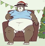 anthro belly belly_rub big_belly black_hair blue_clothing blue_shirt blue_topwear bottomwear chair christmas_clothing christmas_headwear christmas_tree clothing fur furniture grey_body grey_fur hair hat headgear headwear holidays huge_belly male moobs on_chair open_mouth overweight overweight_male pink_nose plant santa_hat shirt short_hair shorts simple_background sitting sitting_on_chair topwear tree white_body white_bottomwear white_clothing white_fur white_shorts aucherr christmas tach_(tach0012) felid feline lynx mammal 2024 absurd_res hi_res