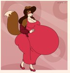 anthro belly big_belly blush breasts brown_body brown_eyes brown_fur brown_hair butt clothed clothing copyright_symbol dress female footwear fur hair hand_on_belly high_heels huge_belly hyper hyper_pregnancy pregnant red_clothing red_dress shoes solo symbol satsumalord millicent_(satsumalord) border_collie canid canine canis collie domestic_dog herding_dog mammal pastoral_dog sheepdog 2023 digital_media_(artwork) hi_res