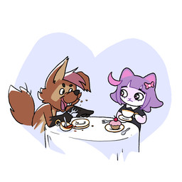 accessory anthro beverage black_clothing black_dress black_eyes bow_ribbon brown_body brown_fur brown_tail cherry clothed clothing container cup cupcake cutlery dress duo eating eye_contact female food fork fruit fur furniture gloves_(marking) hair hair_accessory hair_bow hair_ribbon holding_container holding_cup holding_object kitchen_utensils laugh looking_at_another markings multicolored_body multicolored_fur open_mouth open_smile plant plate purple_body purple_eyes purple_fur purple_hair purple_nose ribbons simple_background smile spoon table tablecloth tail tea teeth tongue tools white_body white_fur k2146938 prostokvashino vkontakte masyunya_(vkontakte) tama-tama canid domestic_cat felid feline felis hybrid kangaroo macropod mammal marsupial rodent sciurid tree_squirrel 1:1 2022