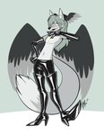 anthro boots canid canine canis clothing cubi_(race) daryil_(tapewolf) demon femboy footwear fox glistening glistening_clothing gloves grey_fox grey_hair hair hand_on_hip handwear head_wings hi_res high_heels latex latex_clothing latex_gloves latex_handwear lettuce_(artist) long_hair looking_at_viewer male mammal markings mythological_creature mythology navel pink_eyes project_future shirtless shirtless_male smile smiling_at_viewer smirk smirking_at_viewer solo stiletto_heels tight_clothing true_fox urocyon wings
