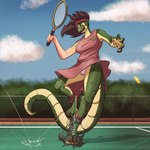 anthro ball bottomwear claws clothed clothing clothing_lift dress dress_lift dress_shirt female footwear mid_transformation pants racket shirt shoe_burst shoes sneakers solo sportswear surprise tail tennis_ball tennis_court topwear transformation saphirathefur lacoste alligator alligatorid crocodile crocodilian reptile scalie 1:1