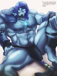absurd_res armor barajockstrap bed blue_body blue_eyes blue_skin blush bodily_fluids body_hair bulge chest_hair clothing digital_media_(artwork) furniture genital_fluids glistening glistening_eyes hair hairy hi_res humanoid league_of_legends looking_at_viewer male muscular muscular_male nipples not_furry pubes riot_games simple_background solo tencent underwear yorick_(lol)