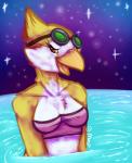 anthro beak bikini clothed clothing detailed_background eyewear eyewear_on_head female goggles goggles_on_head half-closed_eyes looking_at_viewer narrowed_eyes open_beak open_mouth outside partially_submerged seascape sky solo swimwear two-piece_swimsuit water meep_(artist) avian bird