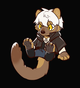 anthro black_background black_clothing black_nose black_topwear blue_bottomwear blue_clothing blue_pants bottomwear brown_body brown_fur cheek_tuft chibi clothed clothing facial_tuft front_view fur hair male messy_hair pants pupils short_hair simple_background slit_pupils solo topwear tuft unsigned white_clothing white_hair white_topwear yellow_eyes asnnonaka le_fossa_(asnnonaka) euplerid fossa mammal