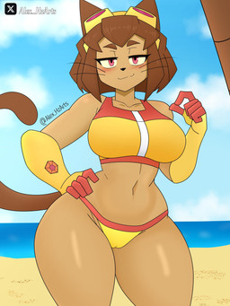 anthro beach big_breasts bikini bikini_bralette bikini_pull breasts brown_body brown_hair camel_toe chest_tuft clothing clothing_pull collarbone eyebrows eyelashes eyewear eyewear_on_head female fingers goggles goggles_on_head hair hand_on_hip looking_at_viewer magenta_eyes smile solo swimwear swimwear_pull thick_thighs tuft two-piece_swimsuit whiskers wide_hips yellow_sclera alex_hzarts gameoverse glitch_productions kit_bodega domestic_cat felid feline felis mammal 2026 3:4 digital_media_(artwork) hi_res