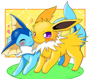:3 :< ambiguous_feral ambiguous_gender blue_body blue_tail blush blush_lines duo ear_fins eyes_closed feral fin fur happy head_fin heart_symbol looking_at_another neck_fin purple_eyes romantic romantic_couple simple_background spiky_fur tail tail_fin text yellow_body yellow_fur ambilly_aniki nintendo pokemon aquatic eeveelution generation_1_pokemon jolteon mammal pokemon_(species) vaporeon 2026 artist_name colored digital_media_(artwork) hi_res shaded simple_shading
