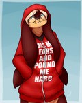 anthro big_ears biped blonde_hair blue_background blue_eyes bottomless breasts brown_body brown_ears brown_fur buckteeth clothed clothing eyewear female floppy_ears front_view fur glasses green_eyes hair hand_in_pocket hands_in_both_pockets heterochromia hoodie hoodie_only long_ears looking_at_viewer lop_ears medium_breasts monotone_hair multicolored_body multicolored_fur pink_nose pockets red_clothing red_hoodie red_topwear short_hair simple_background smile solo standing suggestive_shirt suggestive_topwear tan_body tan_fur teeth text text_on_clothing text_on_hoodie text_on_topwear topwear topwear_only two_tone_body two_tone_fur furball annalie lagomorph leporid mammal rabbit 4:5 digital_media_(artwork) english_text hi_res portrait three-quarter_portrait herm_(lore)