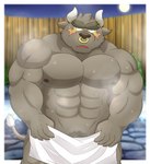 abs anthro blush covering covering_self embarrassed facial_piercing hot_spring male muscular muscular_anthro muscular_male nose_piercing nose_ring pecs piercing ring_piercing solo towel water nisikemo lifewonders tokyo_afterschool_summoners asterius_(tas) bovid bovine cattle mammal hi_res