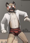 anthro blush brown_body brown_fur bulge clothed clothing embarrassed fur looking_at_viewer male navel open_clothing open_shirt open_topwear shirt solo tail topwear underwear barontoko aggretsuko sanrio haida_(aggretsuko) hyena mammal spotted_hyena 2024 absurd_res hi_res