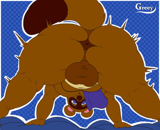 abstract_background all_fours anthro anus apron apron_only backsack balls belly big_balls big_butt big_tail blue_apron blue_clothing blue_eyes bottom_heavy brown_body brown_fur bubble_butt butt butt_focus clothing fluffy fluffy_tail fur genitals huge_balls huge_butt huge_hips huge_thighs long_tail looking_at_viewer looking_back looking_back_at_viewer looking_through looking_through_legs looking_through_legs_at_viewer male multicolored_body multicolored_fur overweight overweight_anthro overweight_male solo tail tan_body tan_fur text thick_thighs two_tone_body two_tone_fur wide_hipped_anthro wide_hipped_male wide_hips greey animal_crossing nintendo tom_nook_(animal_crossing) canid canine mammal raccoon_dog tanuki 2025 absurd_res artist_name digital_drawing_(artwork) digital_media_(artwork) hi_res watermark
