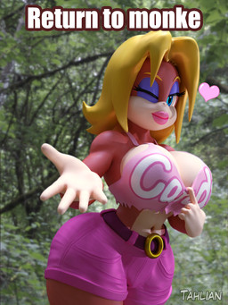 5_fingers anthro belt big_breasts blonde_hair blue_eyes bottomwear breasts clothed clothing clothing_pull curvy_figure female fingers hair half-closed_eyes heart_symbol makeup narrowed_eyes one_eye_closed outside raised_hand reaching reaching_out reaching_towards_viewer shirt shirt_pull smile solo text thick_thighs topwear topwear_pull wide_hips wink tahlian donkey_kong_(series) nintendo candy_kong ape haplorhine kong mammal monkey primate 3:4 3d_(artwork) digital_media_(artwork) english_text hi_res meme