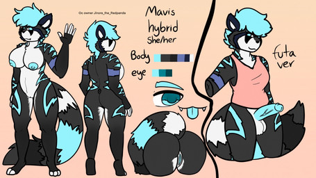 anthro balls blue_penis blue_tongue female genitals gynomorph intersex looking_at_viewer penis solo text tongue eveartspot mavis(jinoraredpanda) badger hybrid lemur mammal mustelid musteline primate strepsirrhine 16:9 english_text hi_res model_sheet widescreen