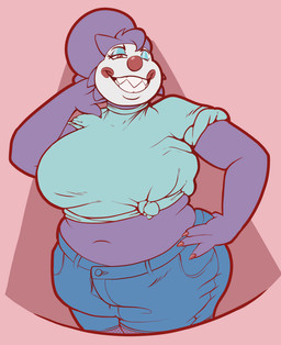 anthro belly bottomwear clothing clown denim denim_bottomwear denim_clothing female hand_on_hip jeans lips looking_at_viewer midriff navel pants red_eyes sharp_teeth shirt solo teeth thick_bottom_lip tied_shirt topwear mcnasty nintendo pokemon lucky_(mcnasty) generation_1_pokemon gengar pokemon_(species) hi_res
