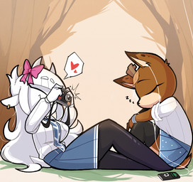 accessory anthro antlers bottomwear bow_ribbon camera clothing earbuds electronics eyes_closed female hair hair_accessory hair_bow hair_ribbon headphones heart_symbol horn legwear portable_music_player ribbons school_uniform skirt sleeping sound_effects stockings uniform vowelless vowelless_sound_effect white_hair zzz nelljoestar molly_(nelljoestar) winter_(nelljoestar) bovid caprine deer goat mammal hi_res