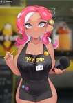 agent_8_(splatoon) animal_humanoid apron apron_only big_breasts bodily_fluids breasts cephalopod cleavage clothed clothing container cup female hi_res holding_container holding_cup holding_object holding_pen humanoid i_mean_breast_milk jtveemo lactating lactating_through_clothing looking_at_viewer marine meme mollusk mostly_nude nintendo octarian octoling pen solo splatoon text text_on_apron text_on_clothing translated wet wet_clothing
