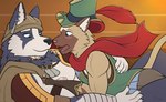 anthro duo hug male male/male warrior dregna kemo_coliseum cyrus_(kemo_coliseum) volga_(kemo_coliseum) canid canine canis domestic_cat domestic_dog felid feline felis husky mammal nordic_sled_dog spitz