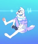 anthro blue_background blush clean_diaper clothed clothing collar controller diaper eyewear fur game_controller gaming glasses male pawpads paws playing playing_video_game round_glasses shirt simple_background sitting solo topwear wearing_diaper white_body white_fur slusheep oilspilt canid canine canis domestic_dog mammal 2021 hi_res