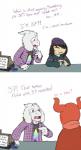 ambiguous_gender anthro blush brown_hair clothing duo ear_piercing fur hair horn male parody piercing red_eyes simple_background white_background white_body white_fur bebetterbop clerks_(movie) undertale undertale_(series) asriel_dreemurr frisk_(undertale) nacarat_jester boss_monster_(undertale) bovid caprine goat human mammal 2015 comic hi_res