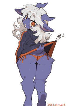 anthro blue_body blue_fur blush blush_stickers butt clothing clothing_pull cursor eyelashes female fur hair hip_tuft horizontal_pupils horn jacket leg_tuft looking_back open_mouth orange_eyes panties pupils side-tie_panties simple_background solo tail thigh_tuft topwear tuft underwear white_background white_hair sanjiro bovid caprine goat mammal 2024 hi_res