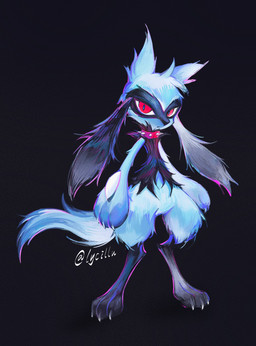 ambiguous_gender anthro black_body black_fur blue_body blue_fur claws collar featureless_crotch fur looking_at_viewer multicolored_body pawpads paws red_eyes simple_background solo spiked_collar spikes tail two_tone_body lycillu nintendo pokemon generation_4_pokemon pokemon_(species) riolu 2025 hi_res signature