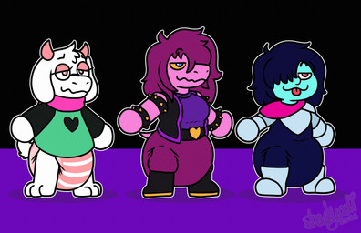 3_toes ambiguous_gender anthro armor barefoot belt big_diaper black_belt black_boots black_bracelet black_clothing black_eyewear black_footwear black_glasses black_sweater black_sweater_vest black_topwear black_vest blue_body blue_bodysuit blue_clothing blue_hair blue_nose blue_skin blue_skinsuit bodysuit boots bottomwear bracelet breastplate breasts cape clean_diaper clothed clothing diaper diaper_under_clothing eyelashes eyewear featureless_hands feet female floppy_ears footwear fur glasses group hair hair_over_eye half-closed_eyes head_horn heart_symbol horn jewelry long_hair metal_boots metal_gloves narrowed_eyes pants pink_body pink_cape pink_clothing pink_eyelids pink_horn pink_scarf pink_tail purple_bottomwear purple_clothing purple_hair purple_pants purple_shirt purple_topwear round_glasses scarf shirt shoes simple_background skinsuit sleeveless_shirt spiked_bracelet spikes striped_diaper sweater sweater_vest tail text tight_clothing toes tongue tongue_out topwear trio vest wavy_mouth wavy_smile wearing_diaper wearing_glasses white_body white_ears white_fur white_tail shadyadi deltarune undertale_(series) kris_dreemurr ralsei susie_(deltarune) bovid caprine darkner goat human lightner mammal scalie 2026 artist_name hi_res signature female_(lore) male_(lore) nonbinary_(lore)