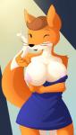 5_fingers anthro areola beady_eyes big_breasts black_nose breasts brown_hair clothed clothing dipstick_tail female fingers hair looking_at_viewer markings mascot multicolored_tail nipples one_breast_out one_eye_closed solo tail tail_markings whiskers wink whitmaverick foxie_group_pty_ltd foxie_(foxie_group_pty_ltd) canid canine fox mammal 2019 digital_media_(artwork) hi_res