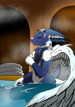 anthro bathing female fur hair nude sitting smile solo tail water wet white_body white_fur wings little_scarlet_rose requiem_(little_scarlet_rose) felid feline hybrid lynx mammal digital_drawing_(artwork) digital_media_(artwork) hi_res